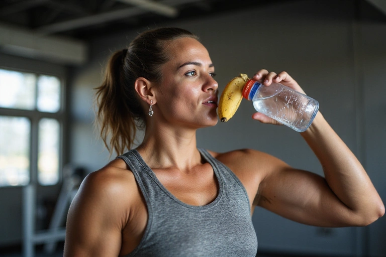 An athlete hydrating and eating a banana after a workout, symbolizing sports nutrition.